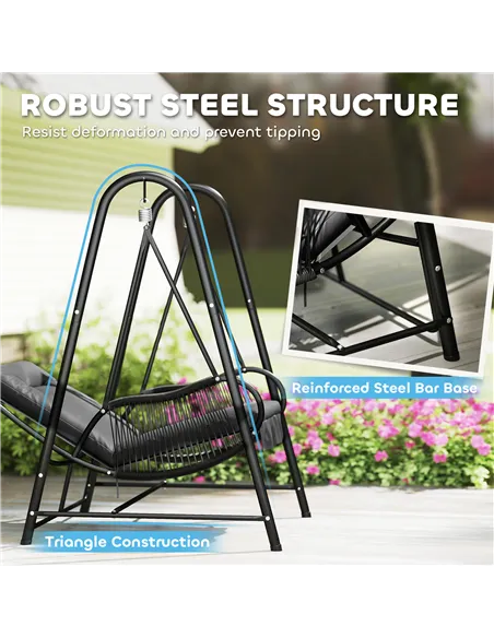 Outsunny Rattan Swing Chair, Outdoor Garden Hanging Swing Seat with Stand and Seat Cushion, Porch Hanging Chair for Balcony, Gar