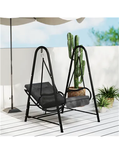 Outsunny Rattan Swing Chair, Outdoor Garden Hanging Swing Seat with Stand and Seat Cushion, Porch Hanging Chair for Balcony, Gar