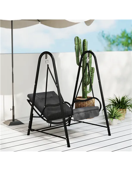 Outsunny Rattan Swing Chair, Outdoor Garden Hanging Swing Seat with Stand and Seat Cushion, Porch Hanging Chair for Balcony, Gar