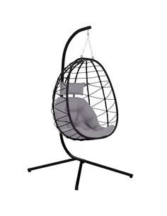 Outsunny Hanging Egg Chair Outdoor Indoor Garden Swing Chair with Folding Basket, Thickened Cushion, Garden Hanging Chair with S