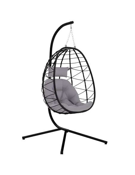 Outsunny Hanging Egg Chair Outdoor Indoor Garden Swing Chair with Folding Basket, Thickened Cushion, Garden Hanging Chair with S