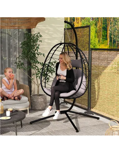 Outsunny Hanging Egg Chair Outdoor Indoor Garden Swing Chair with Folding Basket, Thickened Cushion, Garden Hanging Chair with S