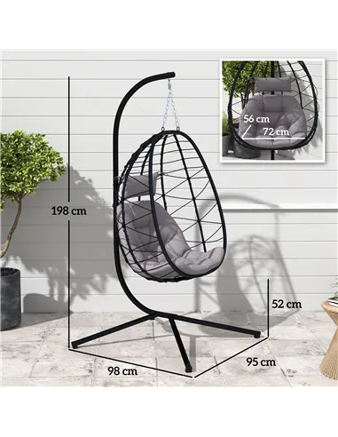 Outsunny Hanging Egg Chair Outdoor Indoor Garden Swing Chair with Folding Basket, Thickened Cushion, Garden Hanging Chair with S