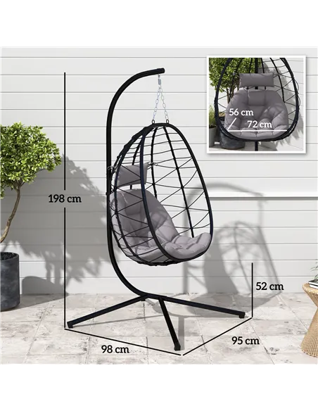 Outsunny Hanging Egg Chair Outdoor Indoor Garden Swing Chair with Folding Basket, Thickened Cushion, Garden Hanging Chair with S