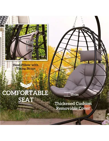 Outsunny Hanging Egg Chair Outdoor Indoor Garden Swing Chair with Folding Basket, Thickened Cushion, Garden Hanging Chair with S