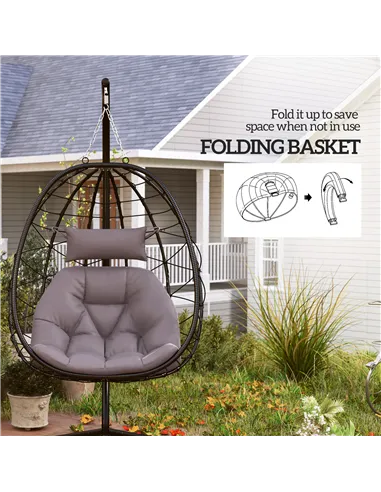Outsunny Hanging Egg Chair Outdoor Indoor Garden Swing Chair with Folding Basket, Thickened Cushion, Garden Hanging Chair with S