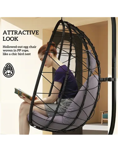 Outsunny Hanging Egg Chair Outdoor Indoor Garden Swing Chair with Folding Basket, Thickened Cushion, Garden Hanging Chair with S