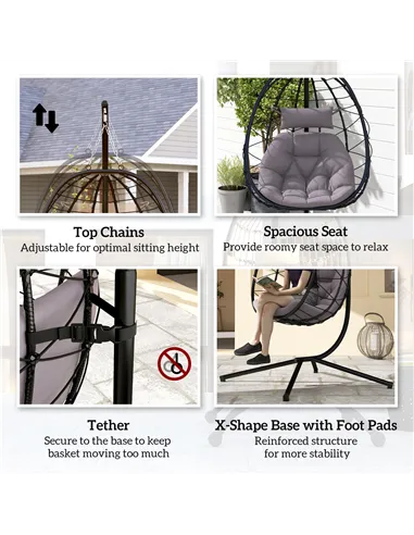 Outsunny Hanging Egg Chair Outdoor Indoor Garden Swing Chair with Folding Basket, Thickened Cushion, Garden Hanging Chair with S