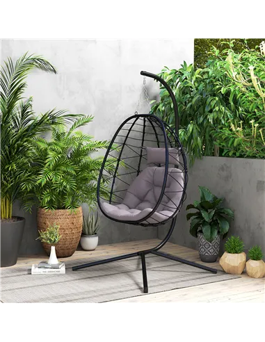 Outsunny Hanging Egg Chair Outdoor Indoor Garden Swing Chair with Folding Basket, Thickened Cushion, Garden Hanging Chair with S