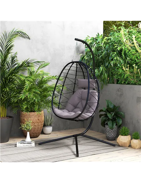 Outsunny Hanging Egg Chair Outdoor Indoor Garden Swing Chair with Folding Basket, Thickened Cushion, Garden Hanging Chair with S