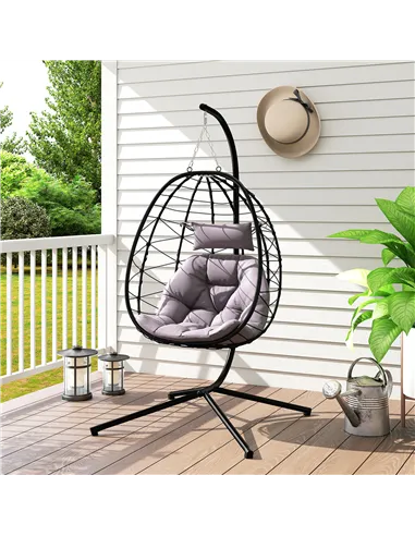 Outsunny Hanging Egg Chair Outdoor Indoor Garden Swing Chair with Folding Basket, Thickened Cushion, Garden Hanging Chair with S