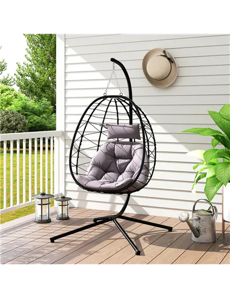 Outsunny Hanging Egg Chair Outdoor Indoor Garden Swing Chair with Folding Basket, Thickened Cushion, Garden Hanging Chair with S