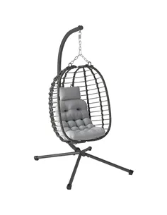 Outsunny Rattan Hanging Egg Chair, Foldable Wicker Hammock Swing Chair with Cushion, Stand, Adjustable Height, Head Pillow, Stee