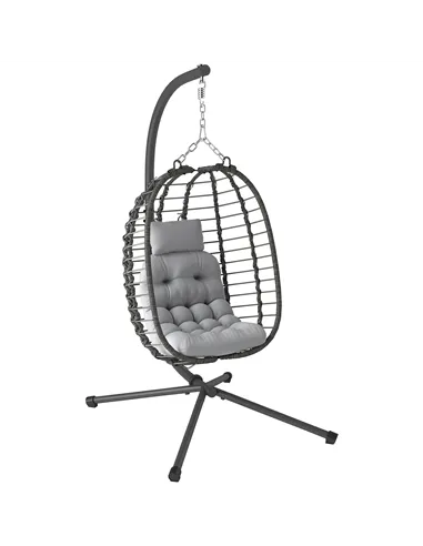 Outsunny Rattan Hanging Egg Chair, Foldable Wicker Hammock Swing Chair with Cushion, Stand, Adjustable Height, Head Pillow, Stee