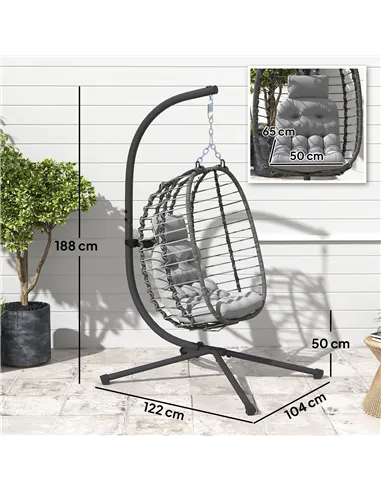 Outsunny Rattan Hanging Egg Chair, Foldable Wicker Hammock Swing Chair with Cushion, Stand, Adjustable Height, Head Pillow, Stee
