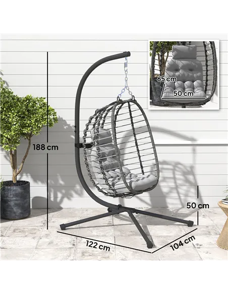 Outsunny Rattan Hanging Egg Chair, Foldable Wicker Hammock Swing Chair with Cushion, Stand, Adjustable Height, Head Pillow, Stee