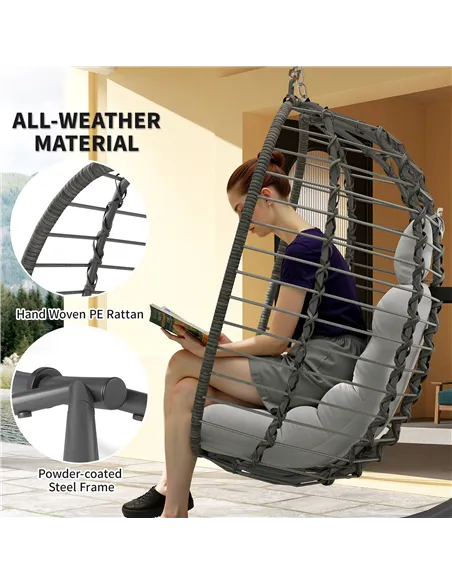 Outsunny Rattan Hanging Egg Chair, Foldable Wicker Hammock Swing Chair with Cushion, Stand, Adjustable Height, Head Pillow, Stee