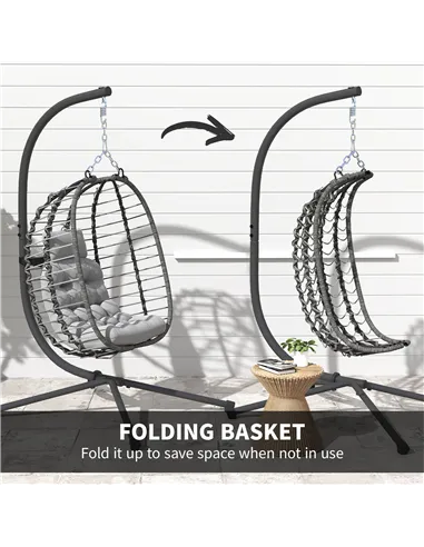 Outsunny Rattan Hanging Egg Chair, Foldable Wicker Hammock Swing Chair with Cushion, Stand, Adjustable Height, Head Pillow, Stee