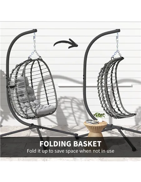 Outsunny Rattan Hanging Egg Chair, Foldable Wicker Hammock Swing Chair with Cushion, Stand, Adjustable Height, Head Pillow, Stee