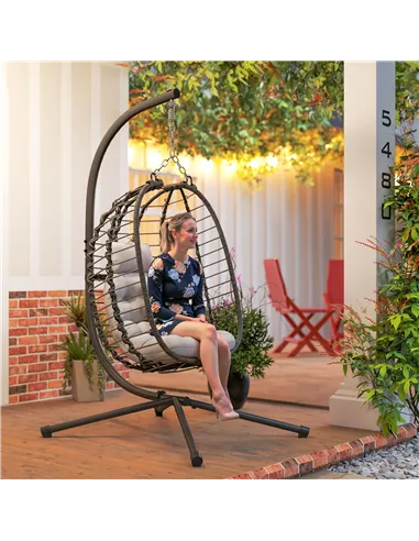 Outsunny Rattan Hanging Egg Chair, Foldable Wicker Hammock Swing Chair with Cushion, Stand, Adjustable Height, Head Pillow, Stee