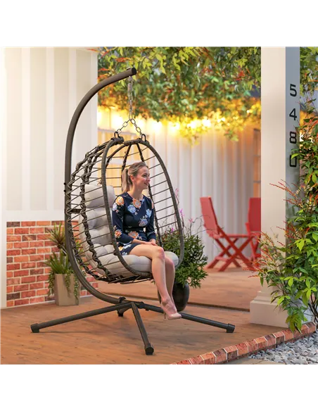 Outsunny Rattan Hanging Egg Chair, Foldable Wicker Hammock Swing Chair with Cushion, Stand, Adjustable Height, Head Pillow, Stee