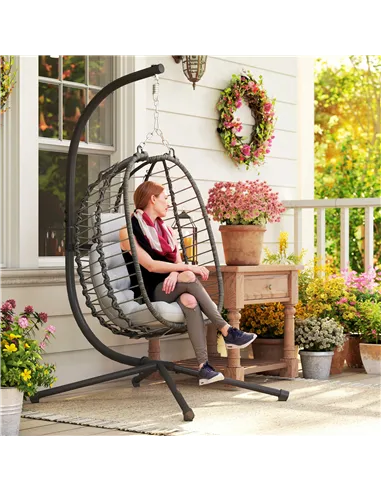 Outsunny Rattan Hanging Egg Chair, Foldable Wicker Hammock Swing Chair with Cushion, Stand, Adjustable Height, Head Pillow, Stee