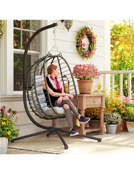 Outsunny Rattan Hanging Egg Chair, Foldable Wicker Hammock Swing Chair with Cushion, Stand, Adjustable Height, Head Pillow, Stee