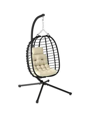 Outsunny Rattan Hanging Egg Chair, Foldable Wicker Hammock Swing Chair with Cushion, Stand, Adjustable Height, Head Pillow, Stee