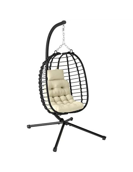 Outsunny Rattan Hanging Egg Chair, Foldable Wicker Hammock Swing Chair with Cushion, Stand, Adjustable Height, Head Pillow, Stee