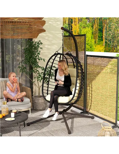 Outsunny Rattan Hanging Egg Chair, Foldable Wicker Hammock Swing Chair with Cushion, Stand, Adjustable Height, Head Pillow, Stee