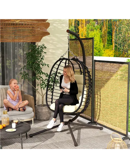 Outsunny Rattan Hanging Egg Chair, Foldable Wicker Hammock Swing Chair with Cushion, Stand, Adjustable Height, Head Pillow, Stee