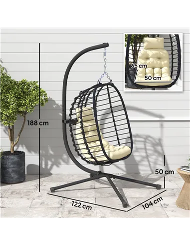 Outsunny Rattan Hanging Egg Chair, Foldable Wicker Hammock Swing Chair with Cushion, Stand, Adjustable Height, Head Pillow, Stee