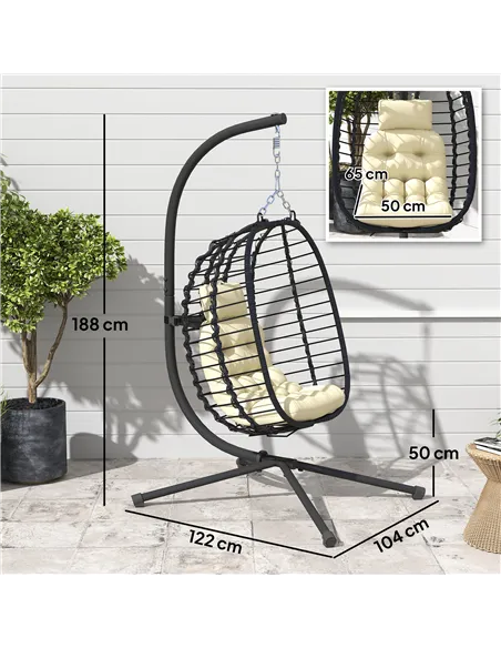 Outsunny Rattan Hanging Egg Chair, Foldable Wicker Hammock Swing Chair with Cushion, Stand, Adjustable Height, Head Pillow, Stee