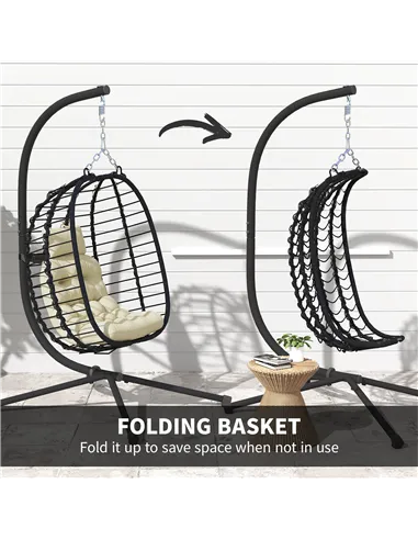 Outsunny Rattan Hanging Egg Chair, Foldable Wicker Hammock Swing Chair with Cushion, Stand, Adjustable Height, Head Pillow, Stee