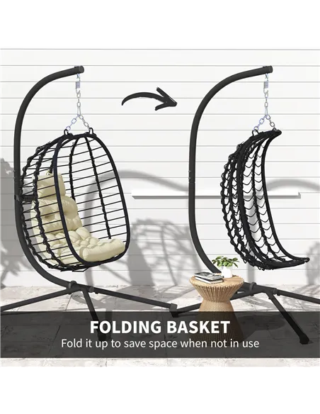 Outsunny Rattan Hanging Egg Chair, Foldable Wicker Hammock Swing Chair with Cushion, Stand, Adjustable Height, Head Pillow, Stee