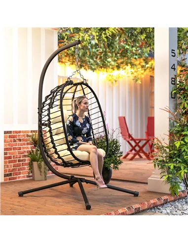 Outsunny Rattan Hanging Egg Chair, Foldable Wicker Hammock Swing Chair with Cushion, Stand, Adjustable Height, Head Pillow, Stee