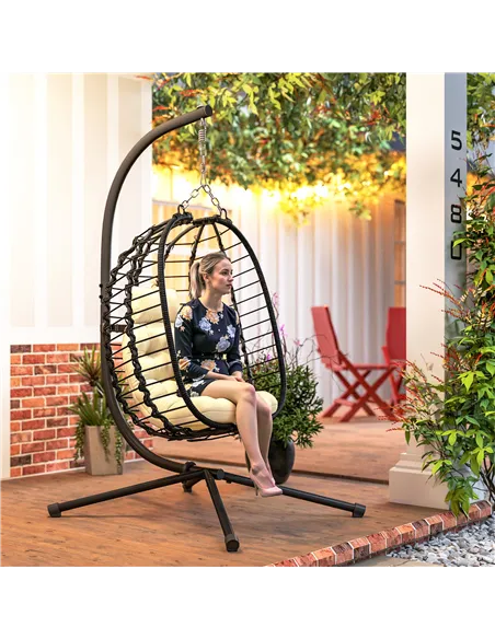 Outsunny Rattan Hanging Egg Chair, Foldable Wicker Hammock Swing Chair with Cushion, Stand, Adjustable Height, Head Pillow, Stee