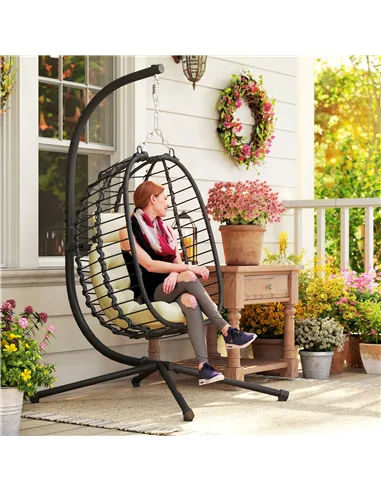 Outsunny Rattan Hanging Egg Chair, Foldable Wicker Hammock Swing Chair with Cushion, Stand, Adjustable Height, Head Pillow, Stee