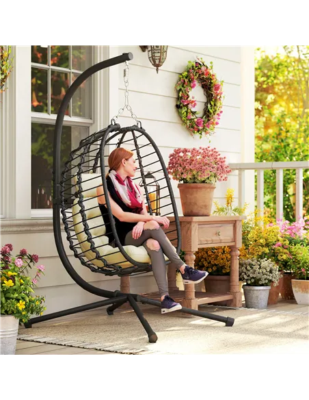 Outsunny Rattan Hanging Egg Chair, Foldable Wicker Hammock Swing Chair with Cushion, Stand, Adjustable Height, Head Pillow, Stee