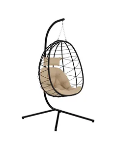Outsunny Hanging Egg Chair Outdoor Indoor Garden Swing Chair with Folding Basket, Thickened Cushion, Garden Hanging Chair with S