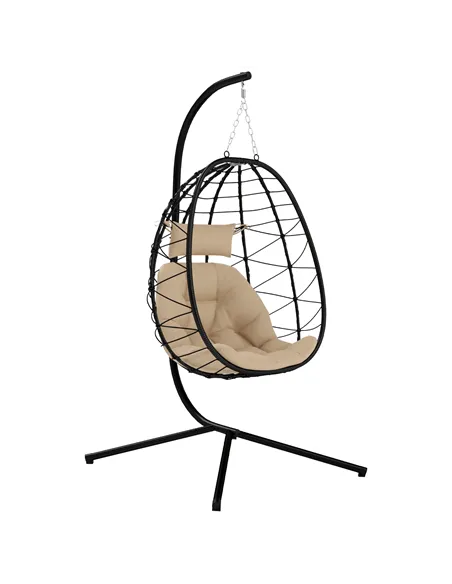 Outsunny Hanging Egg Chair Outdoor Indoor Garden Swing Chair with Folding Basket, Thickened Cushion, Garden Hanging Chair with S