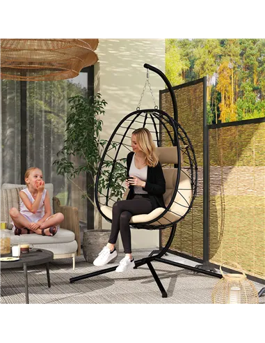Outsunny Hanging Egg Chair Outdoor Indoor Garden Swing Chair with Folding Basket, Thickened Cushion, Garden Hanging Chair with S