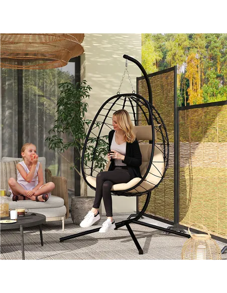 Outsunny Hanging Egg Chair Outdoor Indoor Garden Swing Chair with Folding Basket, Thickened Cushion, Garden Hanging Chair with S