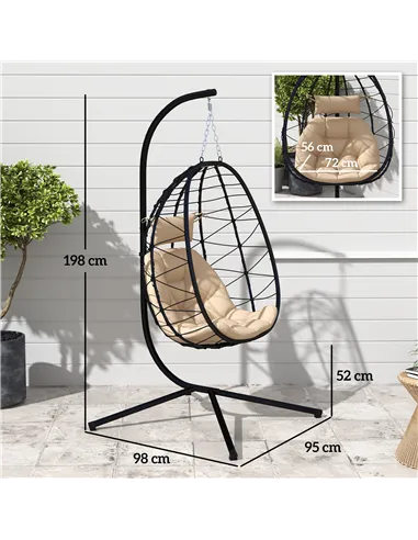 Outsunny Hanging Egg Chair Outdoor Indoor Garden Swing Chair with Folding Basket, Thickened Cushion, Garden Hanging Chair with S