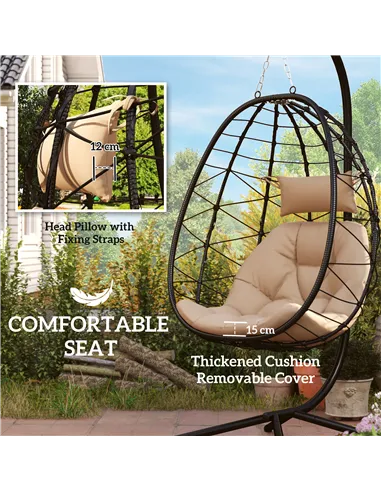 Outsunny Hanging Egg Chair Outdoor Indoor Garden Swing Chair with Folding Basket, Thickened Cushion, Garden Hanging Chair with S
