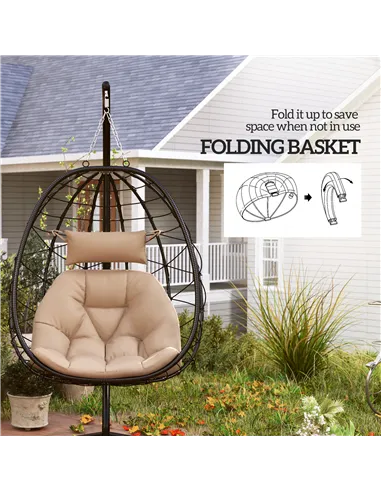 Outsunny Hanging Egg Chair Outdoor Indoor Garden Swing Chair with Folding Basket, Thickened Cushion, Garden Hanging Chair with S