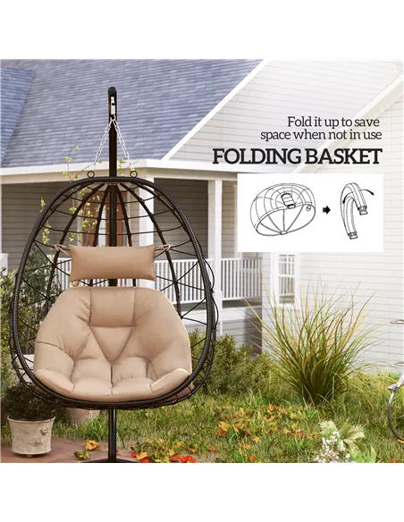Outsunny Hanging Egg Chair Outdoor Indoor Garden Swing Chair with Folding Basket, Thickened Cushion, Garden Hanging Chair with S