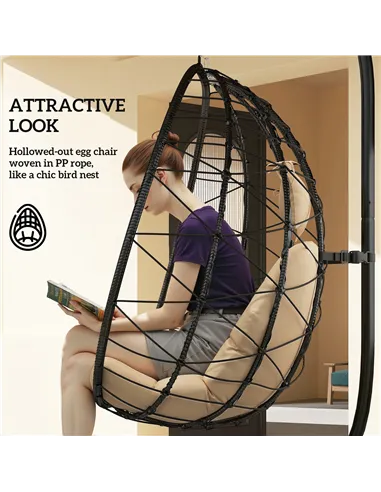 Outsunny Hanging Egg Chair Outdoor Indoor Garden Swing Chair with Folding Basket, Thickened Cushion, Garden Hanging Chair with S