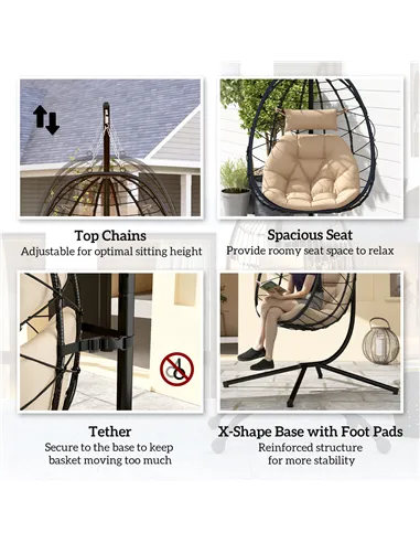 Outsunny Hanging Egg Chair Outdoor Indoor Garden Swing Chair with Folding Basket, Thickened Cushion, Garden Hanging Chair with S