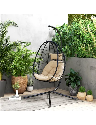 Outsunny Hanging Egg Chair Outdoor Indoor Garden Swing Chair with Folding Basket, Thickened Cushion, Garden Hanging Chair with S